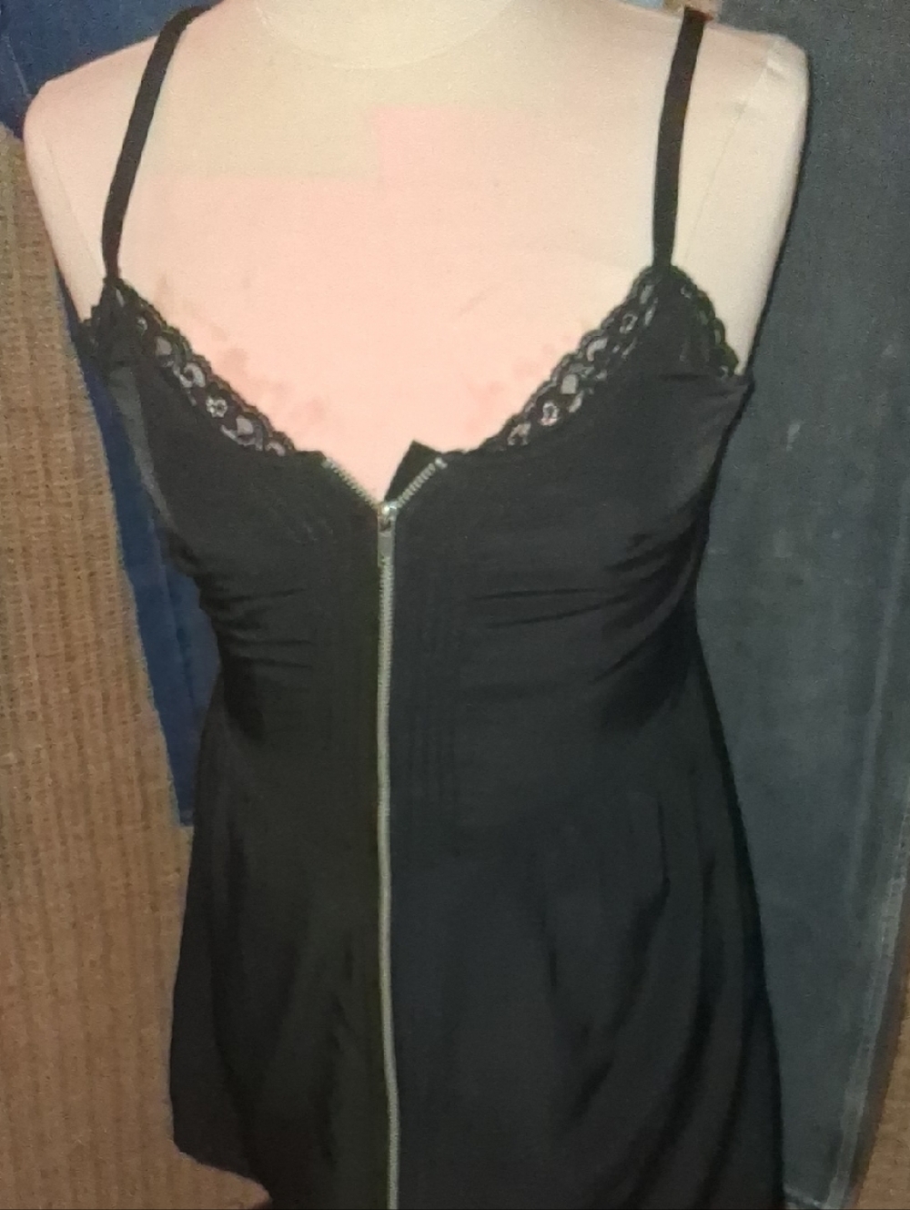 Black Lace-Trim Zip Front Slip Dress
